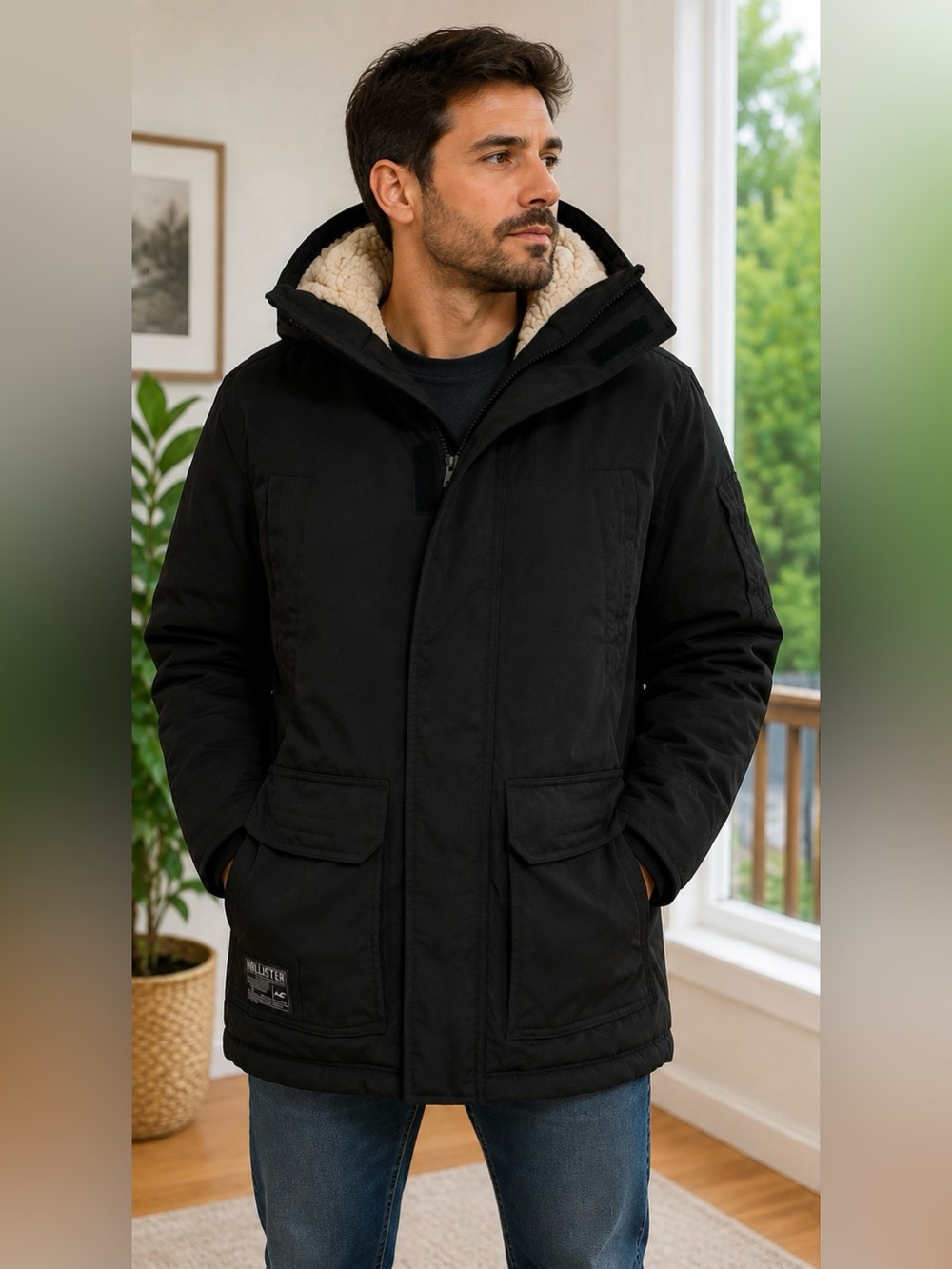 Hollister Men’s All-Weather Sherpa Lined Parka Jacket Black Size S Hooded